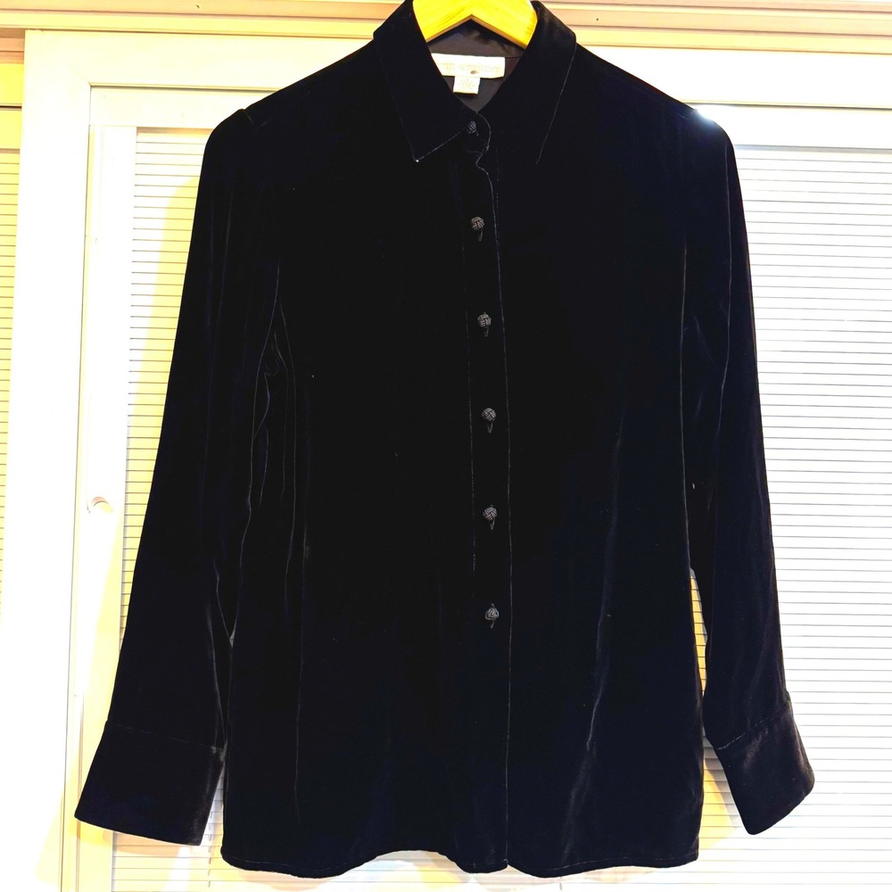 Petite Sophisticate Black Velvet Silk Blend Button Down Shirt Top Size S